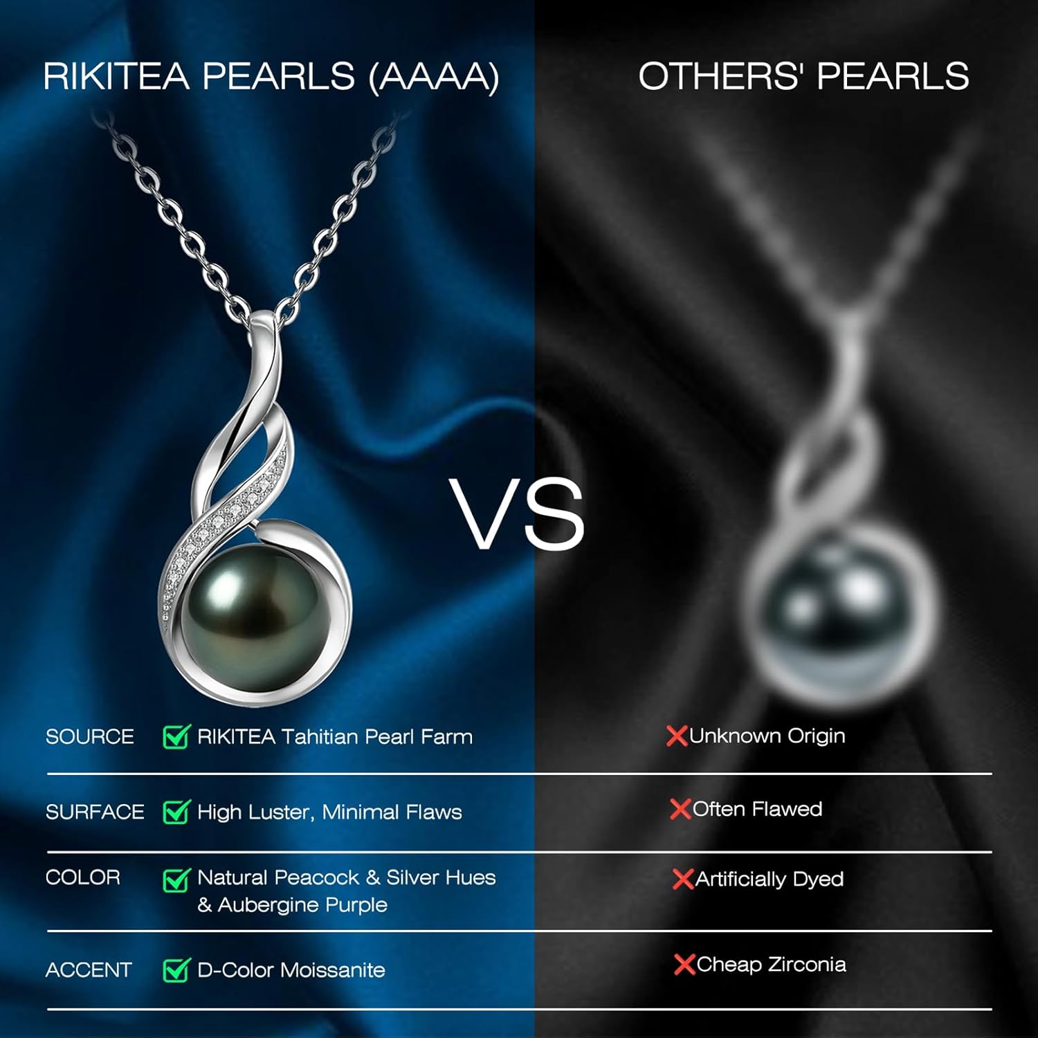 Genuine Tahitian Black Pearl Necklace - Christmas Gift for Wife Mom Daughter Girlfriend, Jewelry Gifts for Anniversary Wedding Birthday, 9-10mm Sea water Pearl with Sterling Silver Moissanite Pendant - Image 5