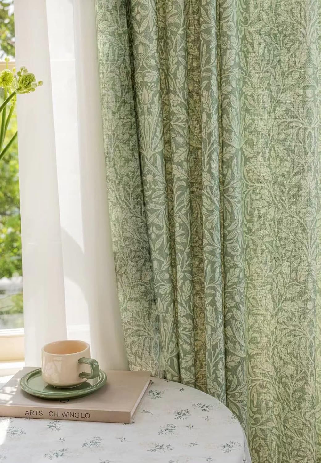 Sage Green Boho Curtains for Bedroom Living Room 45 Inches Long Semi Blackout Farmhouse Curtains 1 Pannel Linen Window Curtain Panel, White Floral Pattern Curtain Drapes (Rod Pocket, 52" W x 45" L)