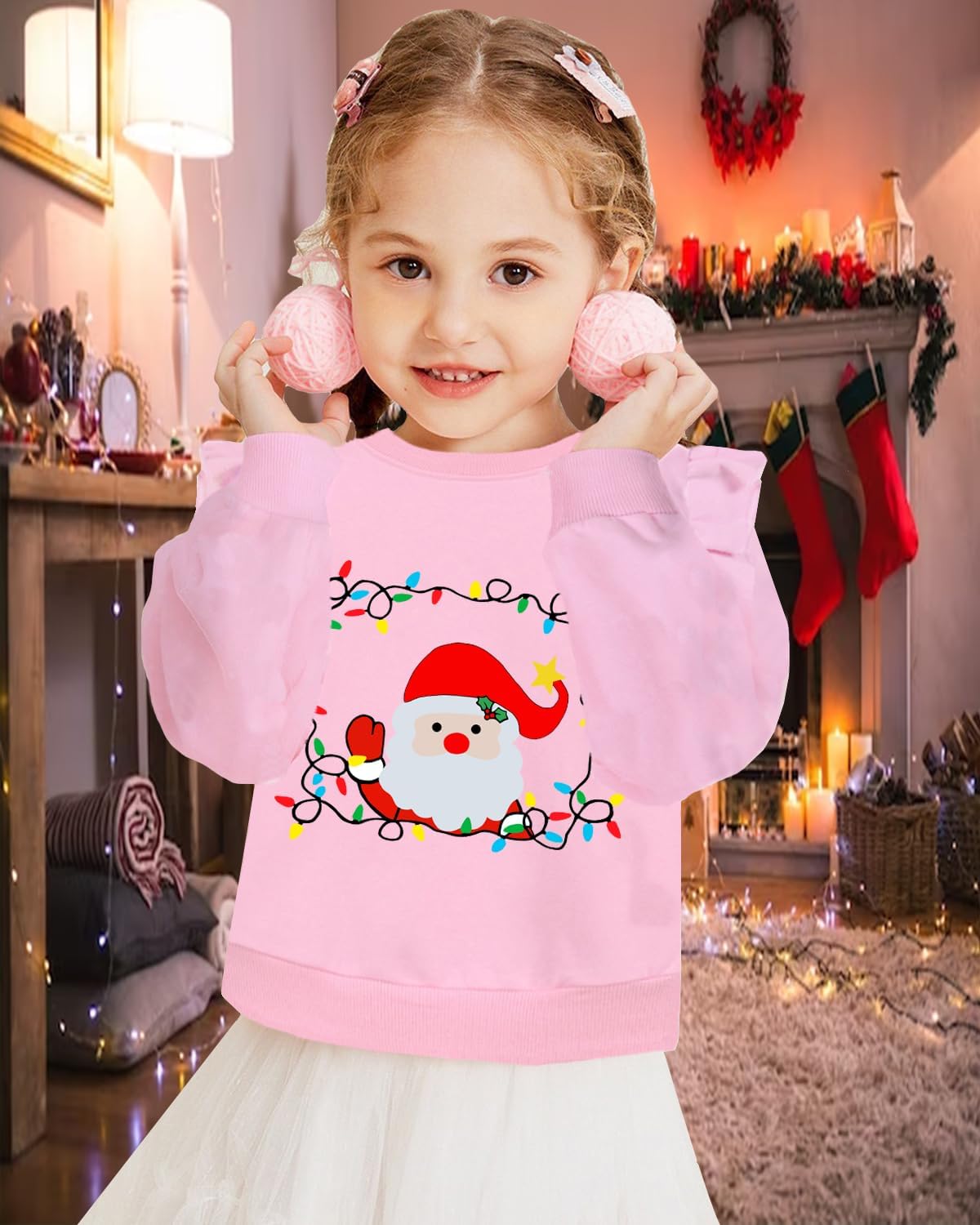 CM-Kid Toddler Girl Christmas Sweatshirt Ruffle Long Sleeve Santa Elk Snowman Dino Shirt Tops for Kids Girl 2-7T - Image 2