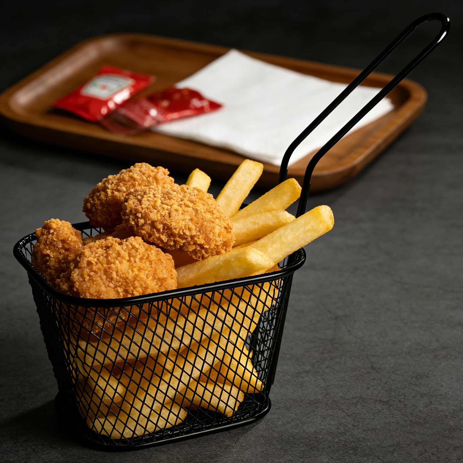 12 cestini per patatine, in acciaio inox, piccoli cestini da portata con manico, mini cestini per patatine fritte, gamberetti, anelli di cipolla e snack (nero)