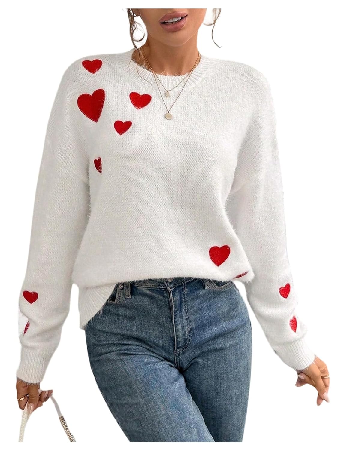 GORGLITTER Womens Heart Embroidery Fall Sweaters Crew Neck Long Sleeve Knitwear Fuzzy Valentines Tops