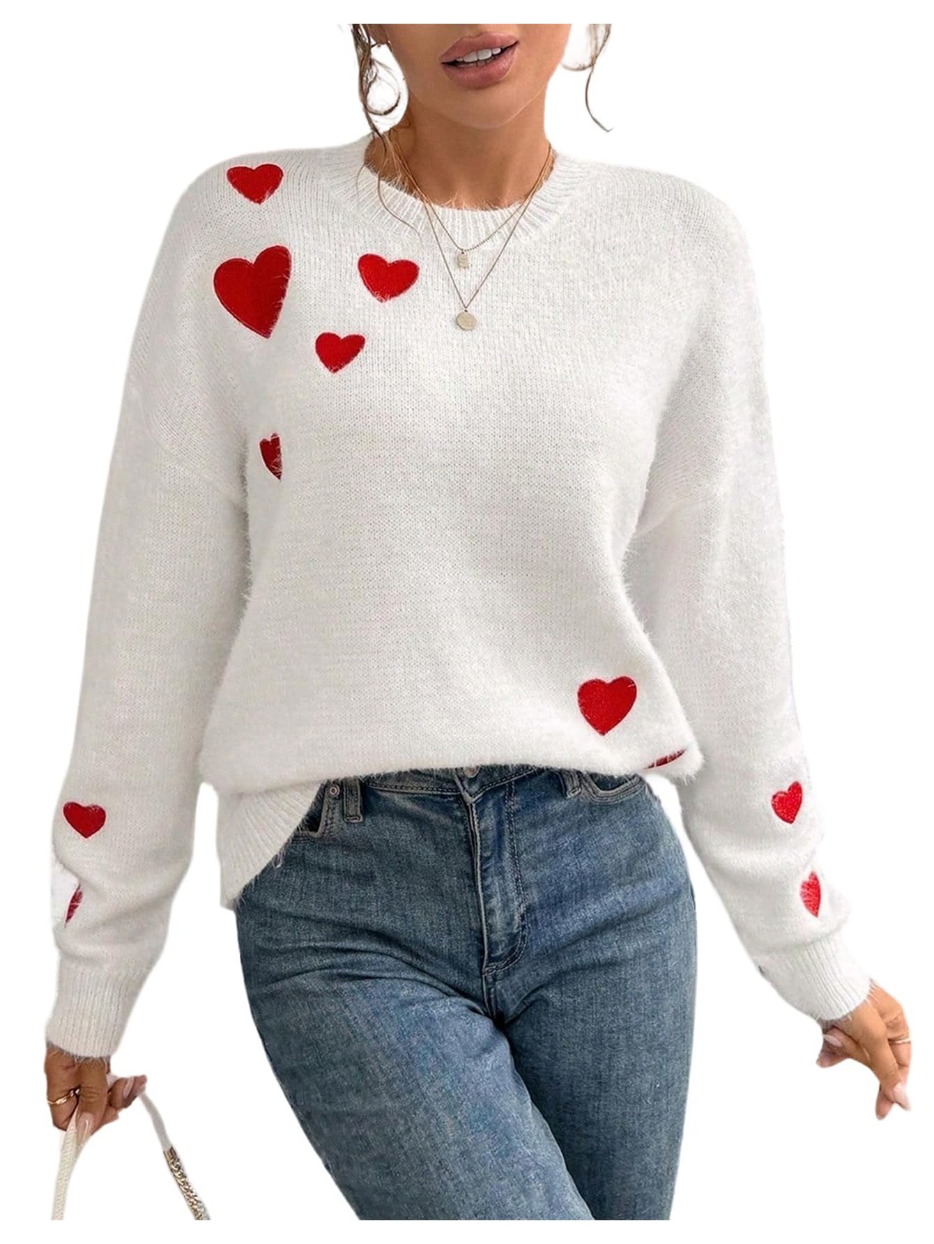 GORGLITTER Womens Heart Embroidery Fall Sweaters Crew Neck Long Sleeve Knitwear Fuzzy Valentines Tops