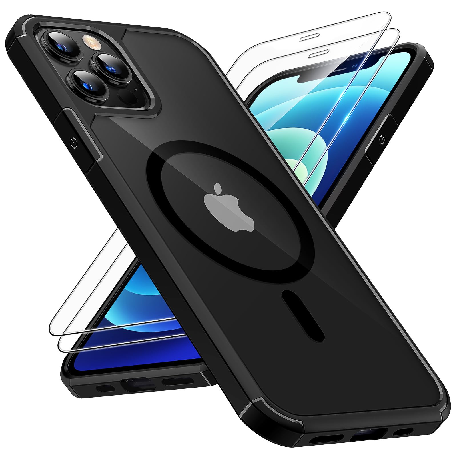 TAURIfor iPhone 12 Pro Max Case Black, Compatible with Magsafe [Yellowing Resistant] with 2X Screen Protectors, Military-Grade Protection, Slim Magnetic Phone Case for iPhone 12 Pro Max, 6.7"