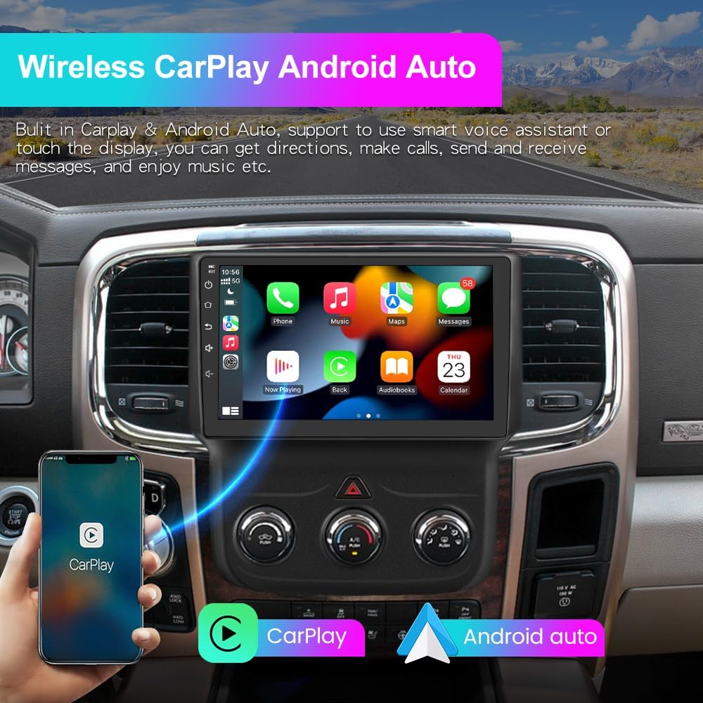 Car radio screen displaying Wireless CarPlay and Android Auto interfaces