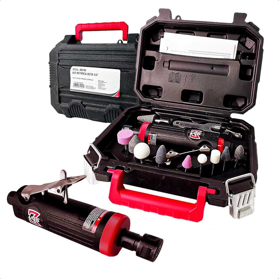 Kit Retífica Pneumática Reta 1/4” 22.000 RPM com Maleta e 15 Acessórios Profissional para Polimento Desbaste Lixamento Esmerilhamento com Entrada de Ar 1/4” 90 PSI