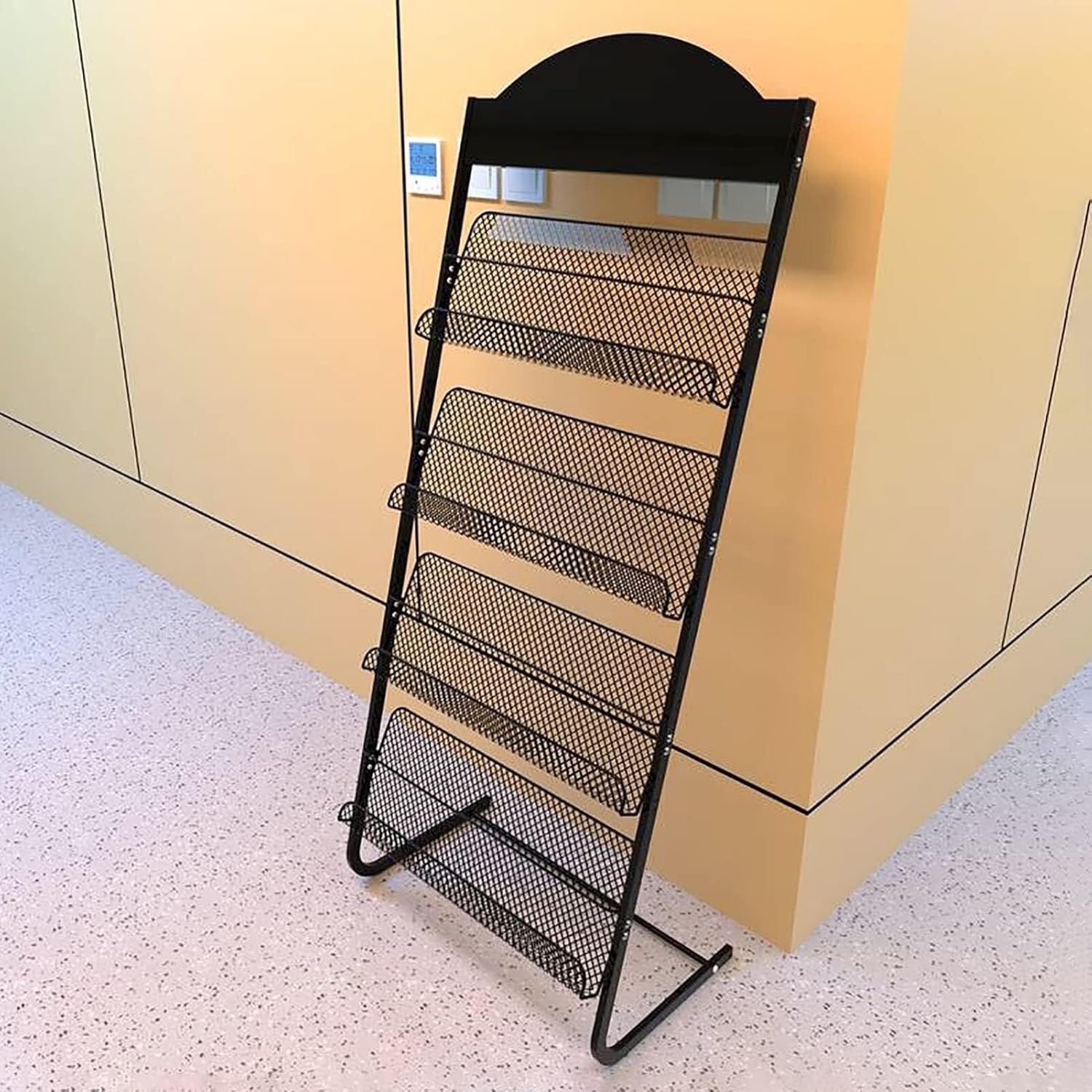 Floor Standing Magazine Holder, 4-Pocket Metal Mesh Magazine Rack for Brochures, Office, Library & Reception Area Display