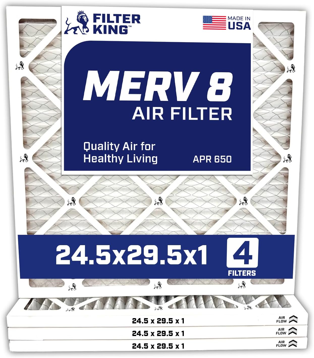 Filter King 24.5x29.5x1 Air Filter | 4-PACK | MERV 8 HVAC Pleated A/C Furnace Filters | MADE IN USA | Actual Size: 24.5 x 29.5 x .75"