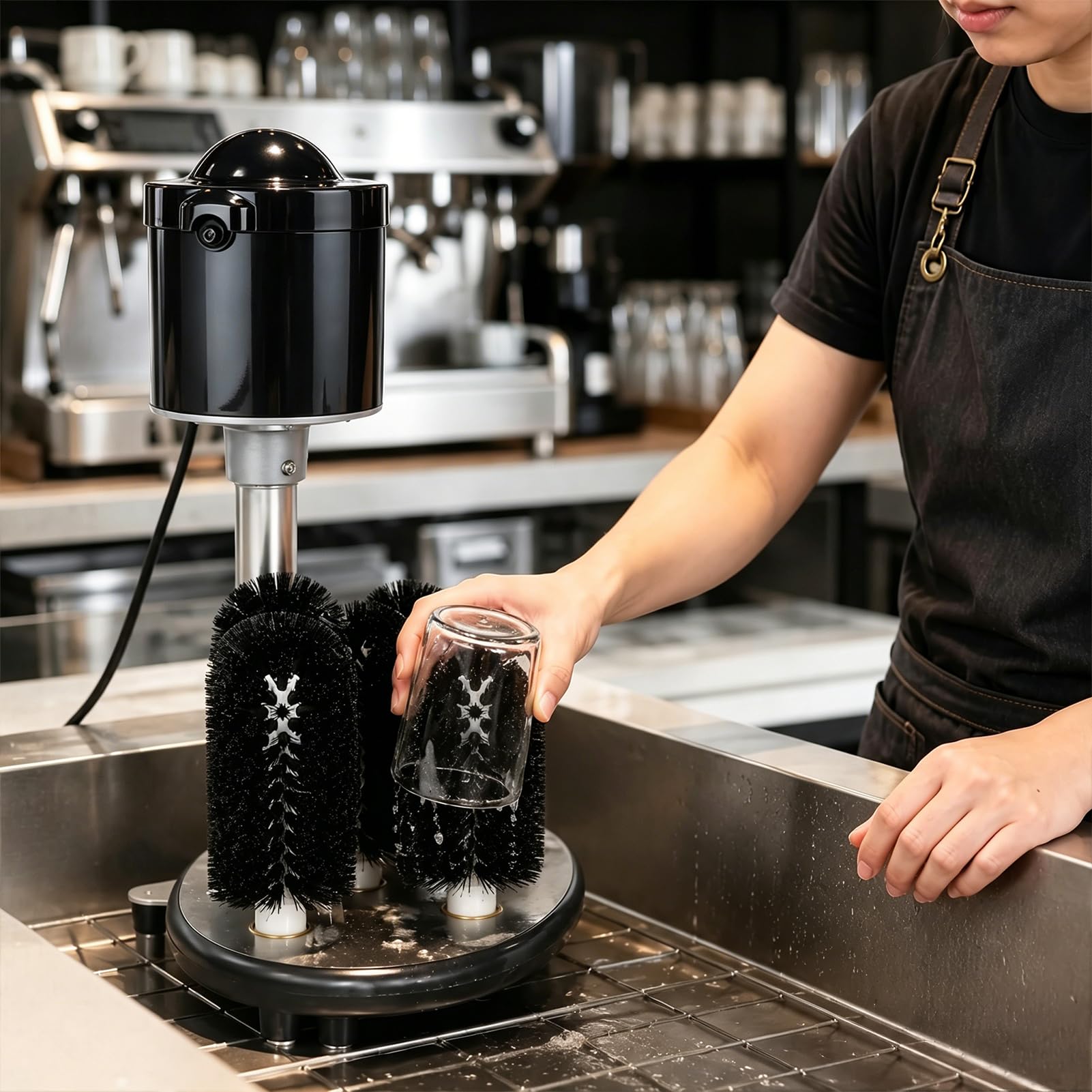 Lave-Verres Électrique, Machine Professionnelle de Nettoyage des Verres à Vin avec 5 Brosses et Nettoyage à 360°, Polisseuse Automatique Verticale en Acier Inoxydable pour 600 Verres/Heure pour Bar