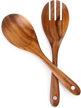 Teak Wooden Salad Spoon and Fork10.2-Inch, Wooden Salad Spoons and Sporks Set with Ergonomic Handle, Teak Wood Serving Spoons for Cooking 1 Spoon + 1 Fork