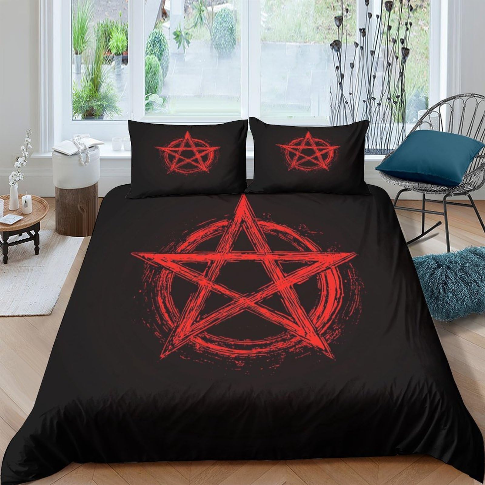 Ctjqhvkz Style-5 3D Printed Red Pentagram Fitted Sheet Microfiber Black Gothic Star Mattress Cover For Bedroom Dorm Protection Decor Single（135X200cm）