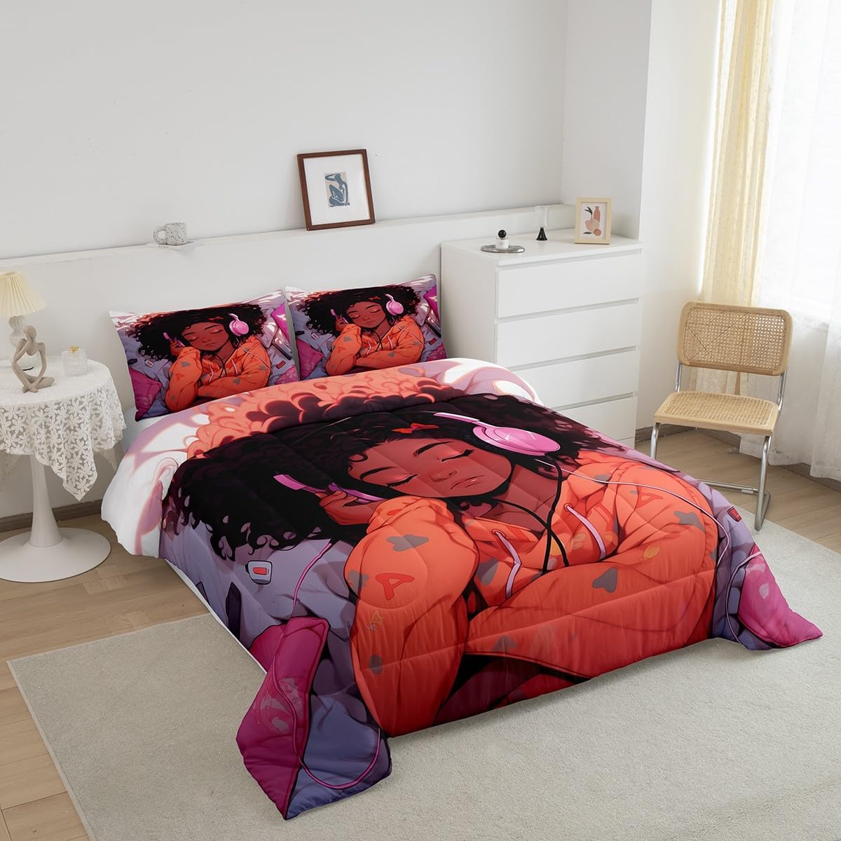 Feelyou African Black Girl Comforter Set for Kids,Twin Size Cute Afro Girl Quilt Set 2Pcs