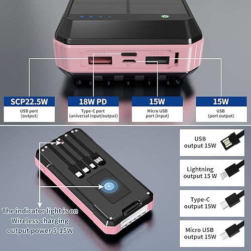 Miniatura 3 de Banco de energía solar de 49800 mAh, cargador portátil con 4 cables integrados, cargador de panel solar de carga rápida de 22.5 W para viajes, Rosa