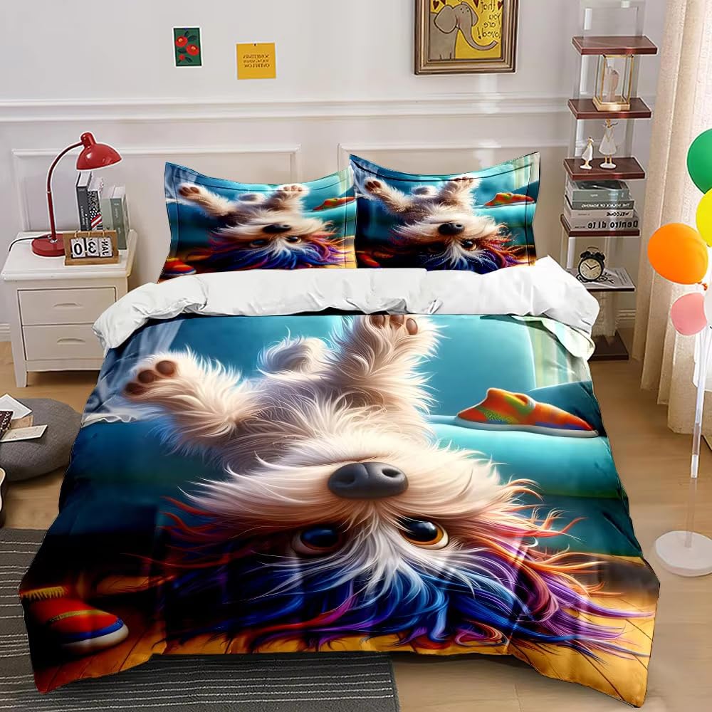 Housse de couette 200x200 adolescent microfibre respirante avec fermeture éclair motif chien