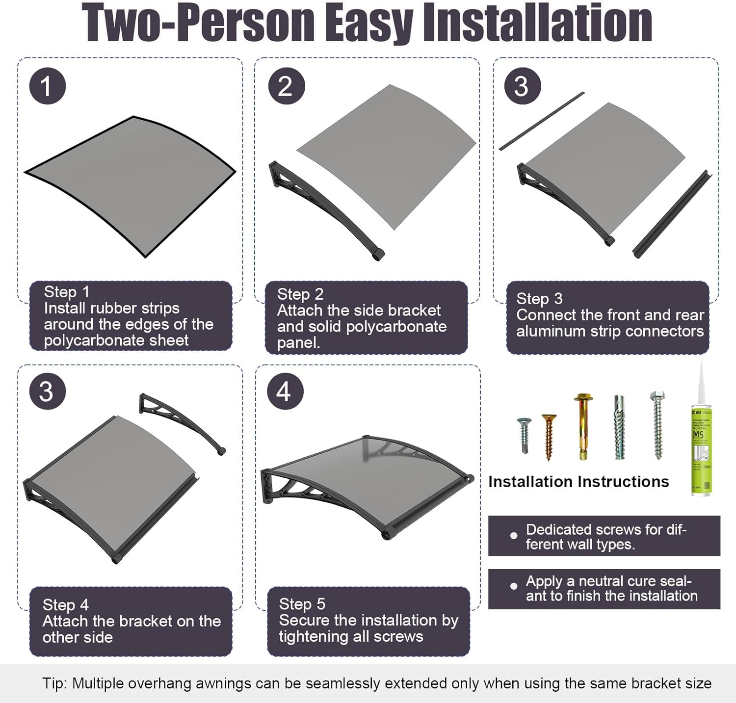 Window and Door Awning Exterior,40x80 Inch Polycarbonate Overdoor Entrance Canopy with Drainage,UV Rain Snow Sun Shade Protection,House Overhang Shelter Awnings for Outside,Patio,Porch,Deck