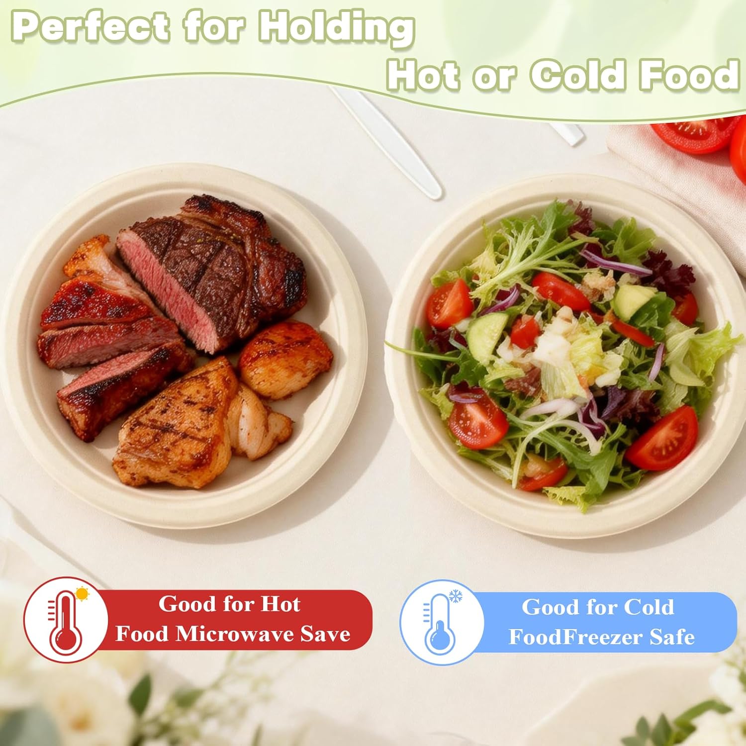 300Pcs Disposable Paper Plates and bowls Set, Compostable Sugarcane Utensils Eco Friendly Dinnerware Set Include Biodegradable Plates bowls, Forks, Knives and Spoons for Party Camping 50 People