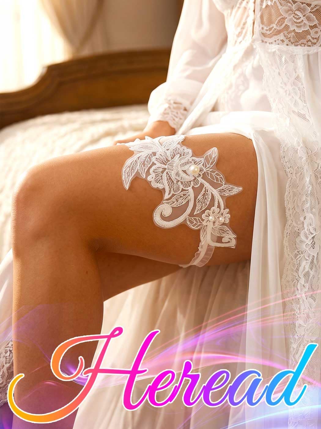 HEREAD Lace Wedding Garter White Pearl Stretch Leg Garters Leg Bridal Accessories for Women and Brides (Pack of 2)