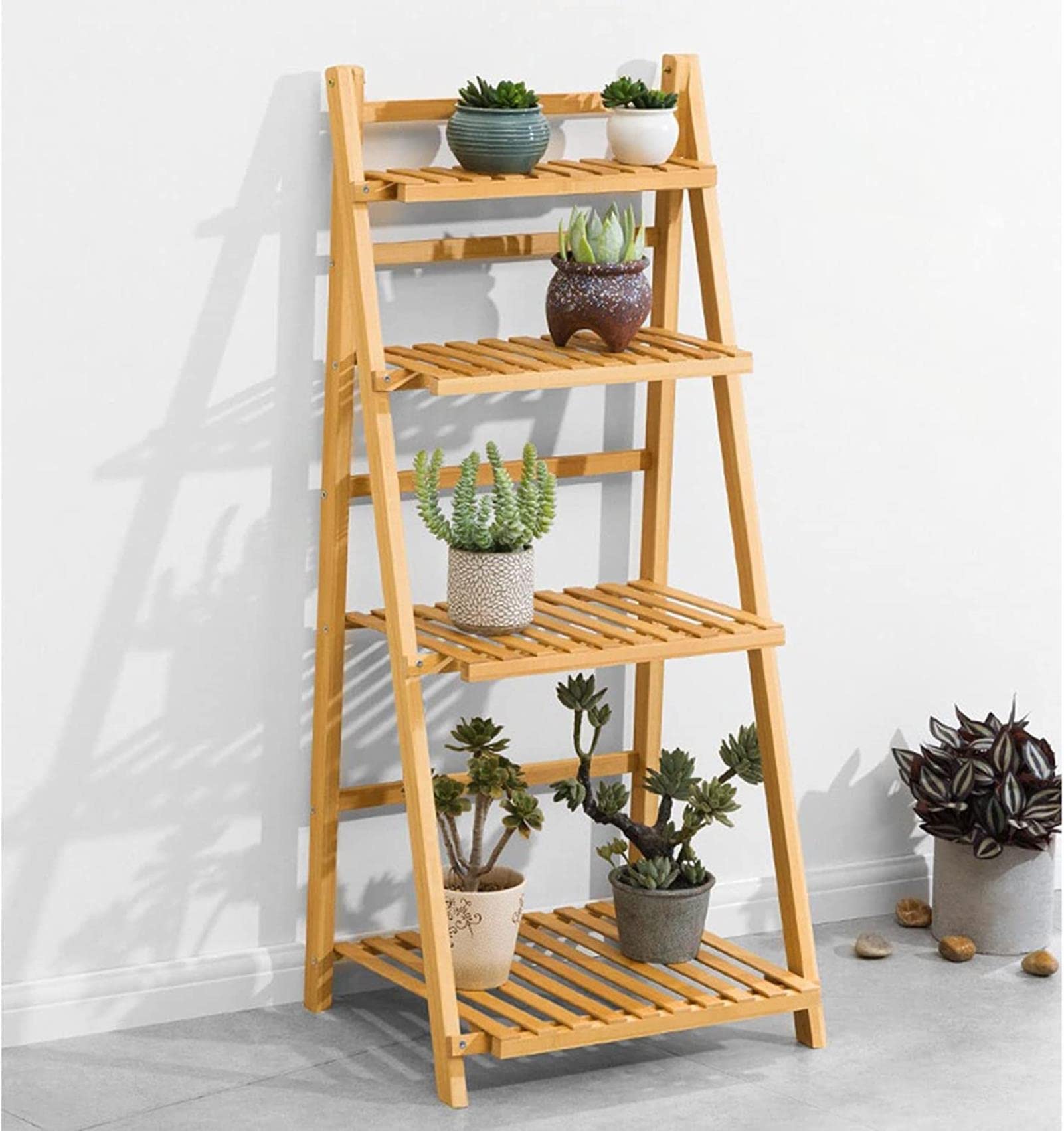 SnamicE Indoor Plant Stand Bamboo Folding Flower Pot Stand 4 Tier Plant Stand Ladder Flower Shelf Garden Planter Display Storage Shelves Rack Bonsai Holder,55 X 43 X 122cm,