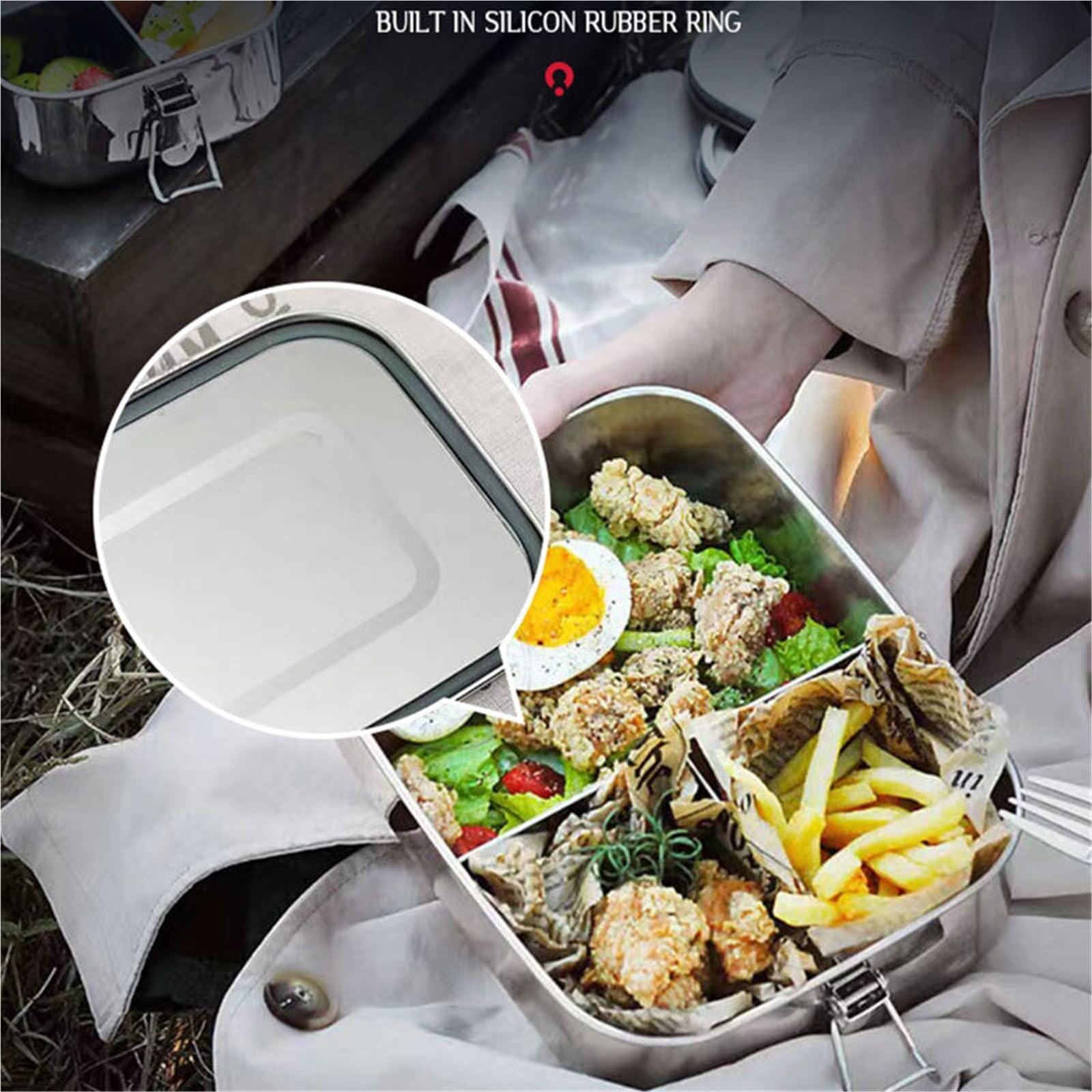 Fiambrera de acero inoxidable 304 con 1/2/3 rejillas, contenedor for alimentos, caja bento, compartimento for guardar refrigerios, fiambrera, utensilios cocina Meal Prep Containers(1200ML 2 Gird)