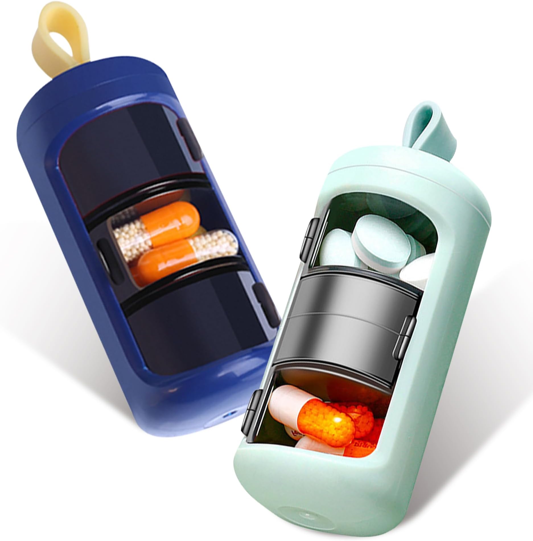 2 Pack 3 Compartment Small Pill Case, Mini Portable Pill Box - Travel Daily Medicine Pill Supplement Organizer, Vitamin Container (Green+Blue)