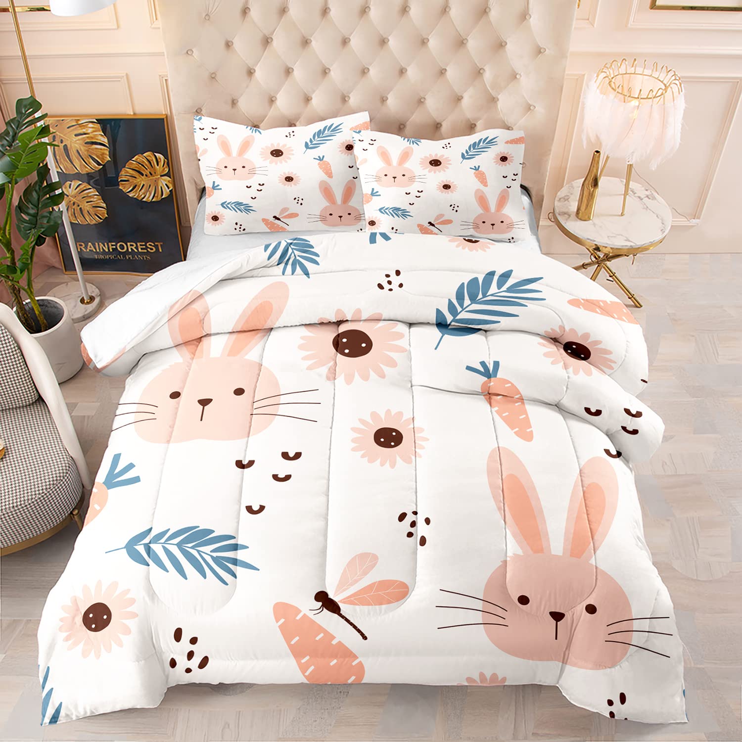 CVHOUSE Kawaii Bedding Twin Size, Cute Rabbit Comforter Set, Girls Room  Decor Pieces