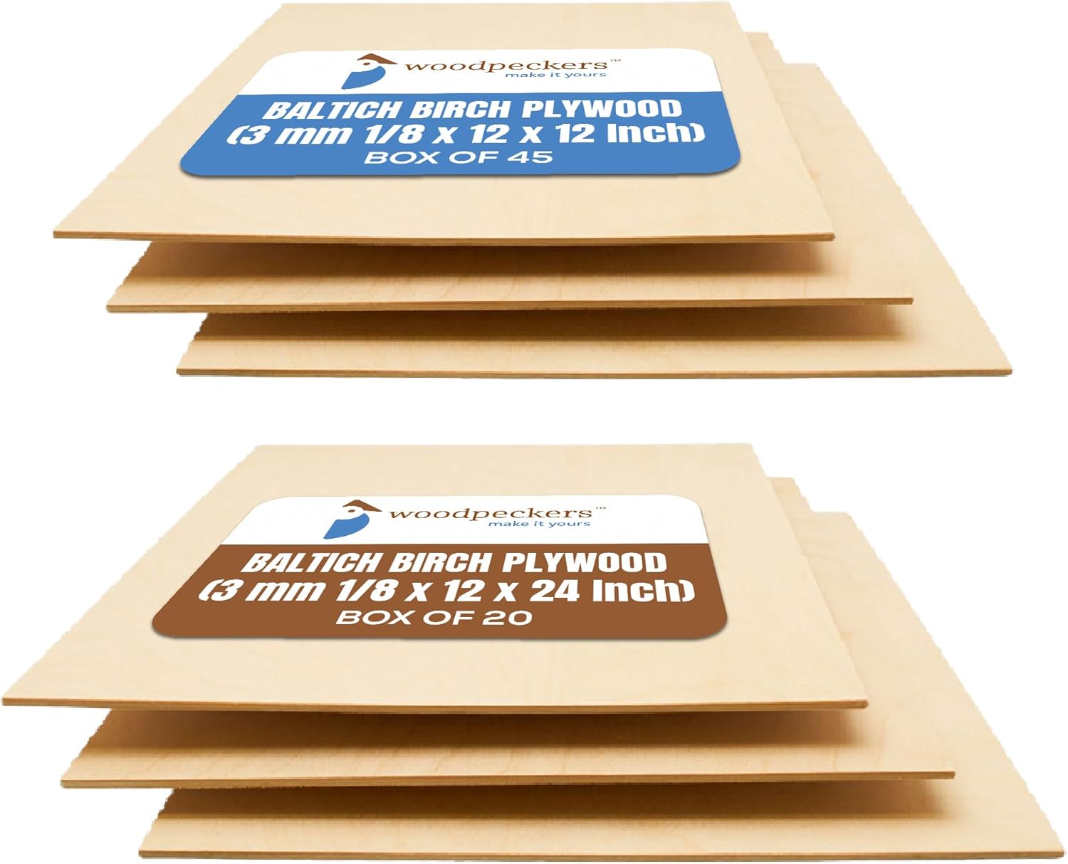 1/8 x 12 x 24 Plywood Pack of 20 and 3 mm 1/8 x 12 x 12 Inch Craft Plywood Box of 45 by Woodpeckers