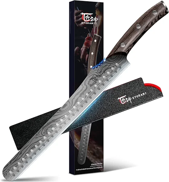 SYOKAMI Brisket Slicing Knife, 12 Inch Multifunction Carving Knife for Meat Cutting, Japanese Style Meat Slicer with Wood Full Tang Handle, Damascus Pattern Long Slicing for Roast Beef, Ideal for Gift