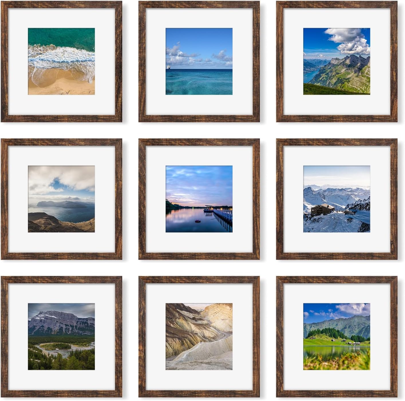 12x12 picture frame set of 9, photo gallery wall frame set, display pictures 8x8 with mat or 12 x 12 without mat, square frame picture frames collage wall decor, rustic brown rustic brown 12x12 in