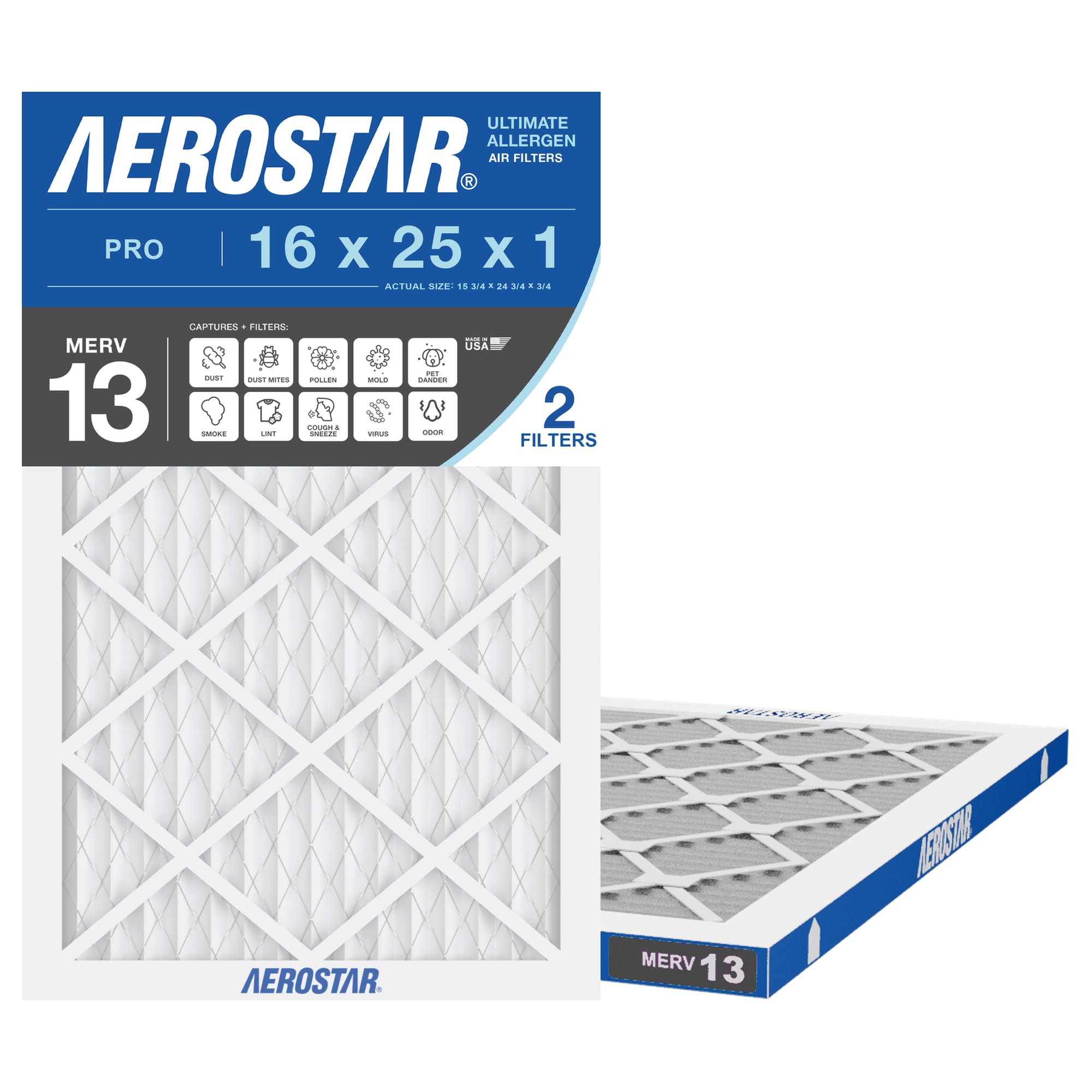 Aerostar 16x25x1 MERV 13 AC & Furnace Filter (2-Pack)