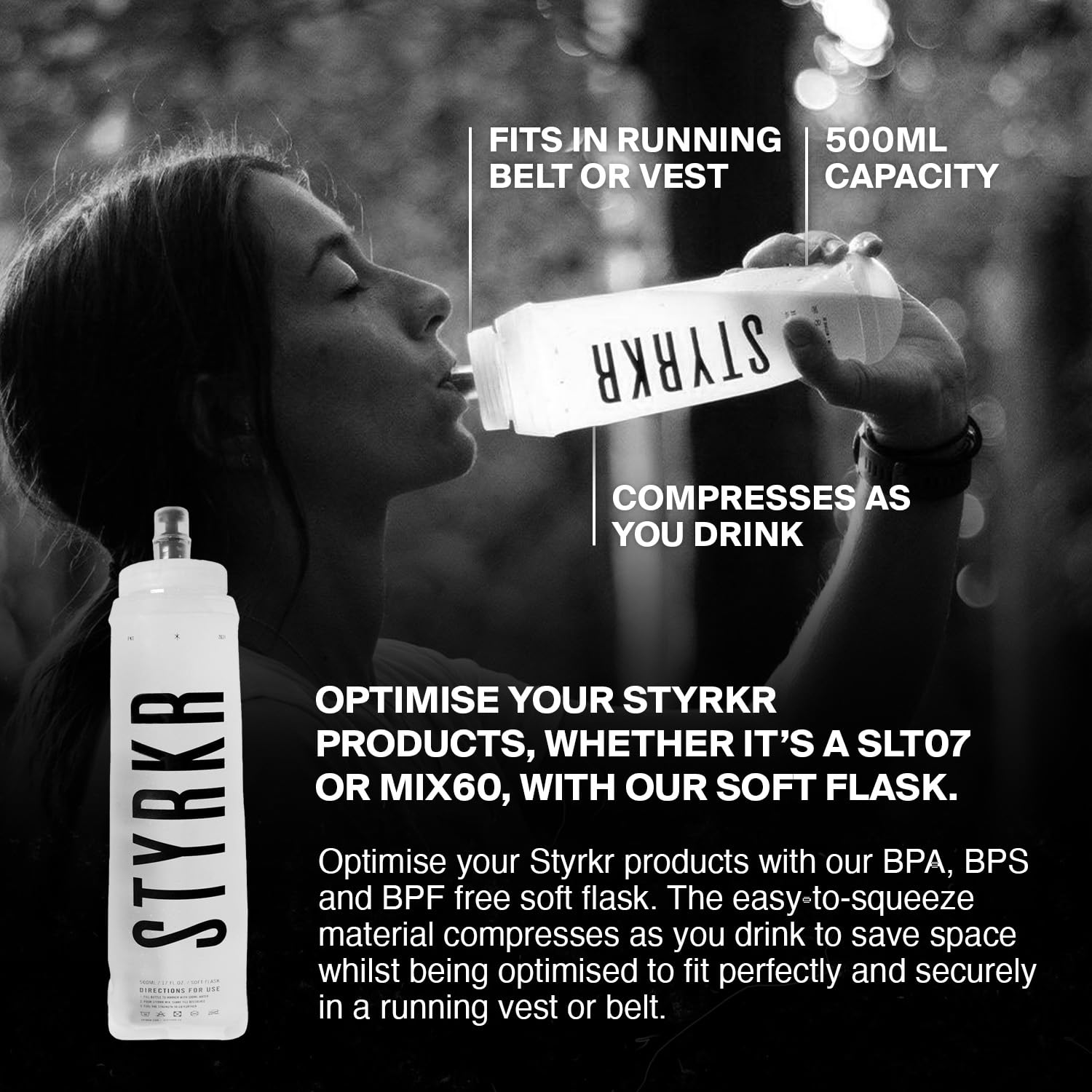 STYRKR Soft Water Bottle 500ml Running Flask in Clear/Transparent - Foldable & Squeezable, Wide Mouth & Easy Clean - Bike, Sports or Gym