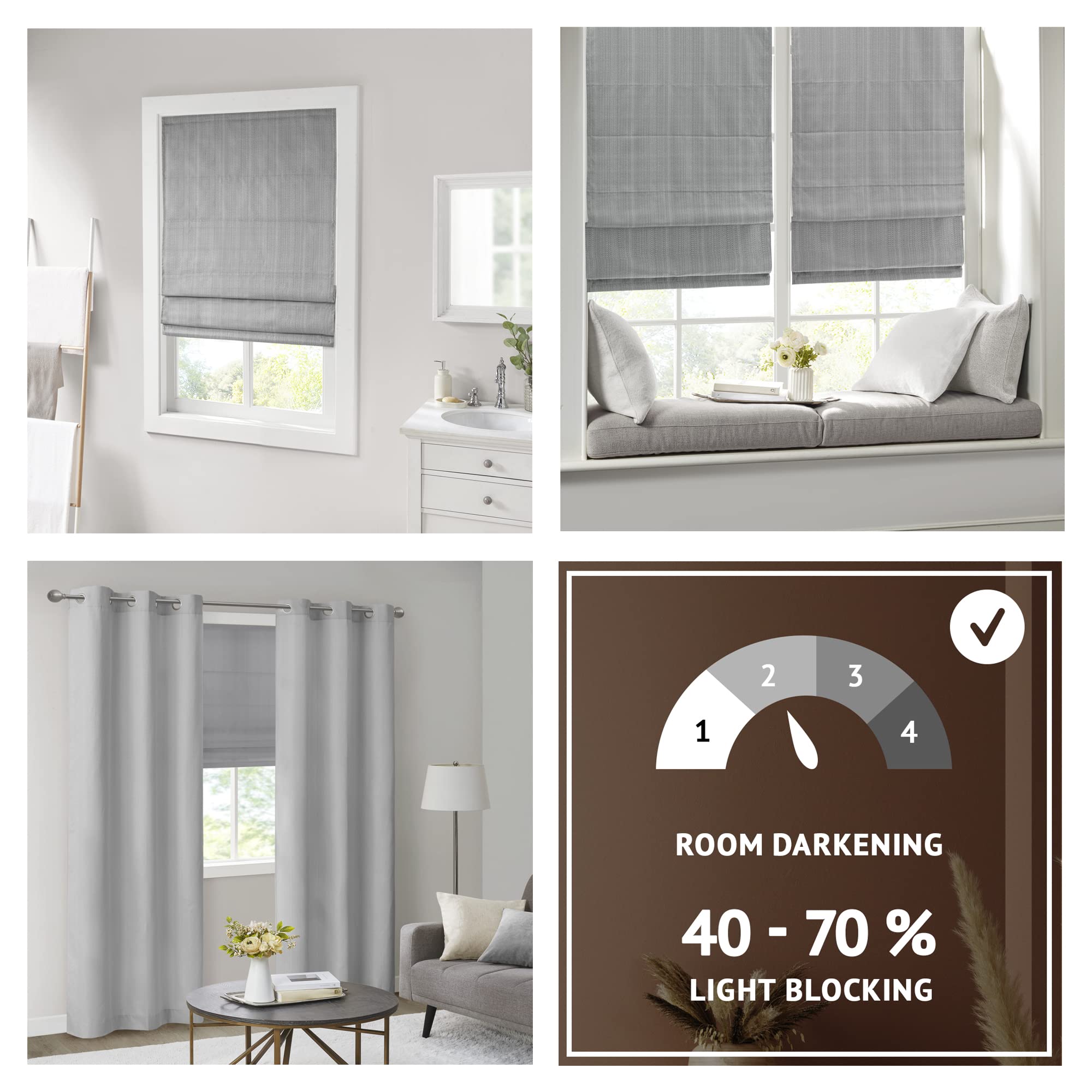 Madison Park Galen Cordless Roman Shades - Fabric Privacy Single Panel Darkening, Energy Efficient, Thermal Insulated Window Blind Treatment, for Bedroom, Living Room Decor, 35" x 64" Charcoal