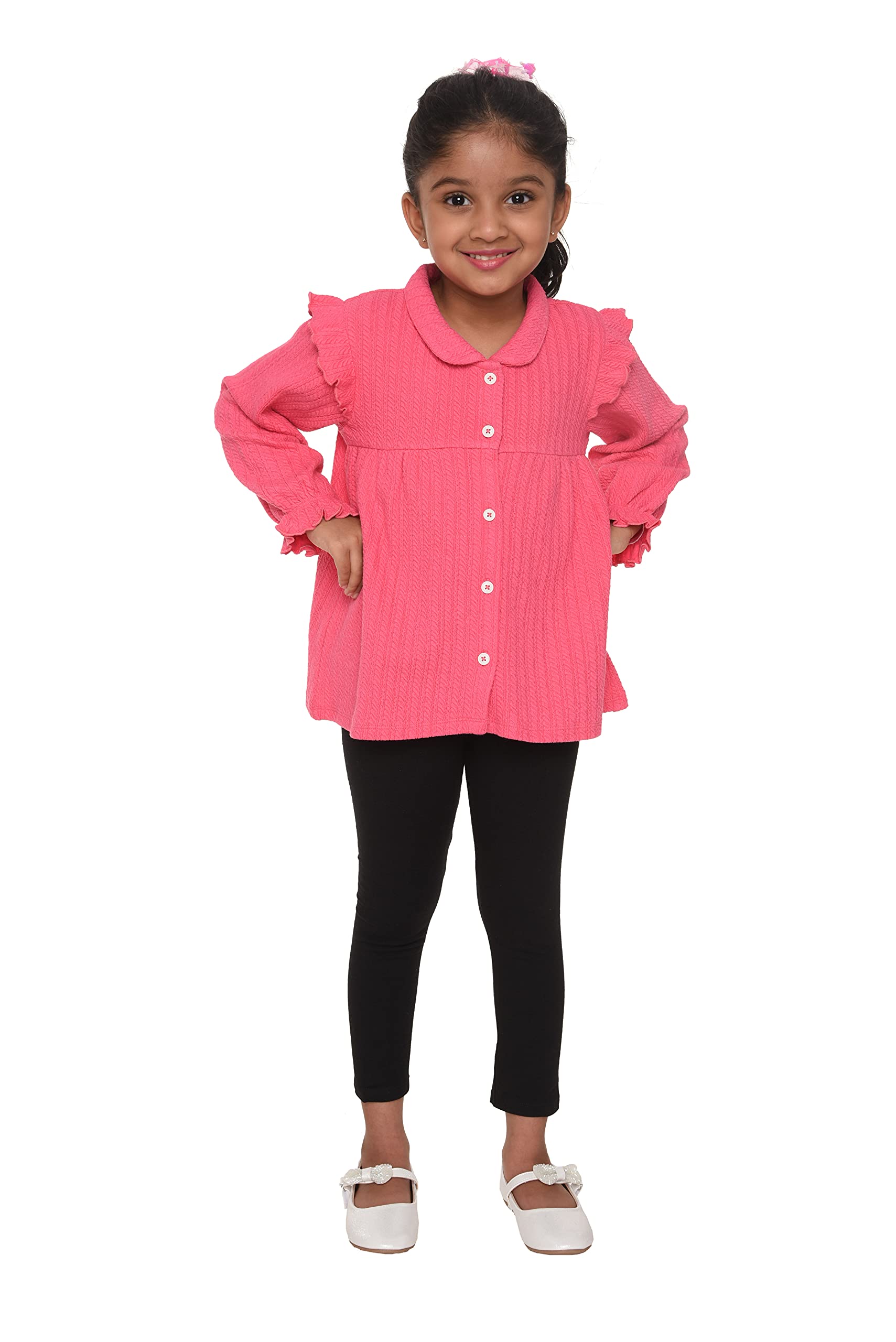 okio Pink Full Sleeves Smart Top With Black Leggings Knitted Top Girls Regular Button Slim Fit Top & Legging 3-4 Years