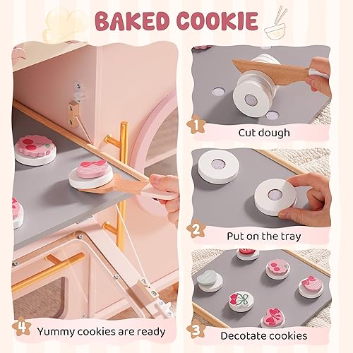 Miniatura 6 de ROBUD Play Kitchen, juego de cocina de juguete grande rosa con cafetera y tostadora para niños pequeños a partir de 3 años, cocina de madera para