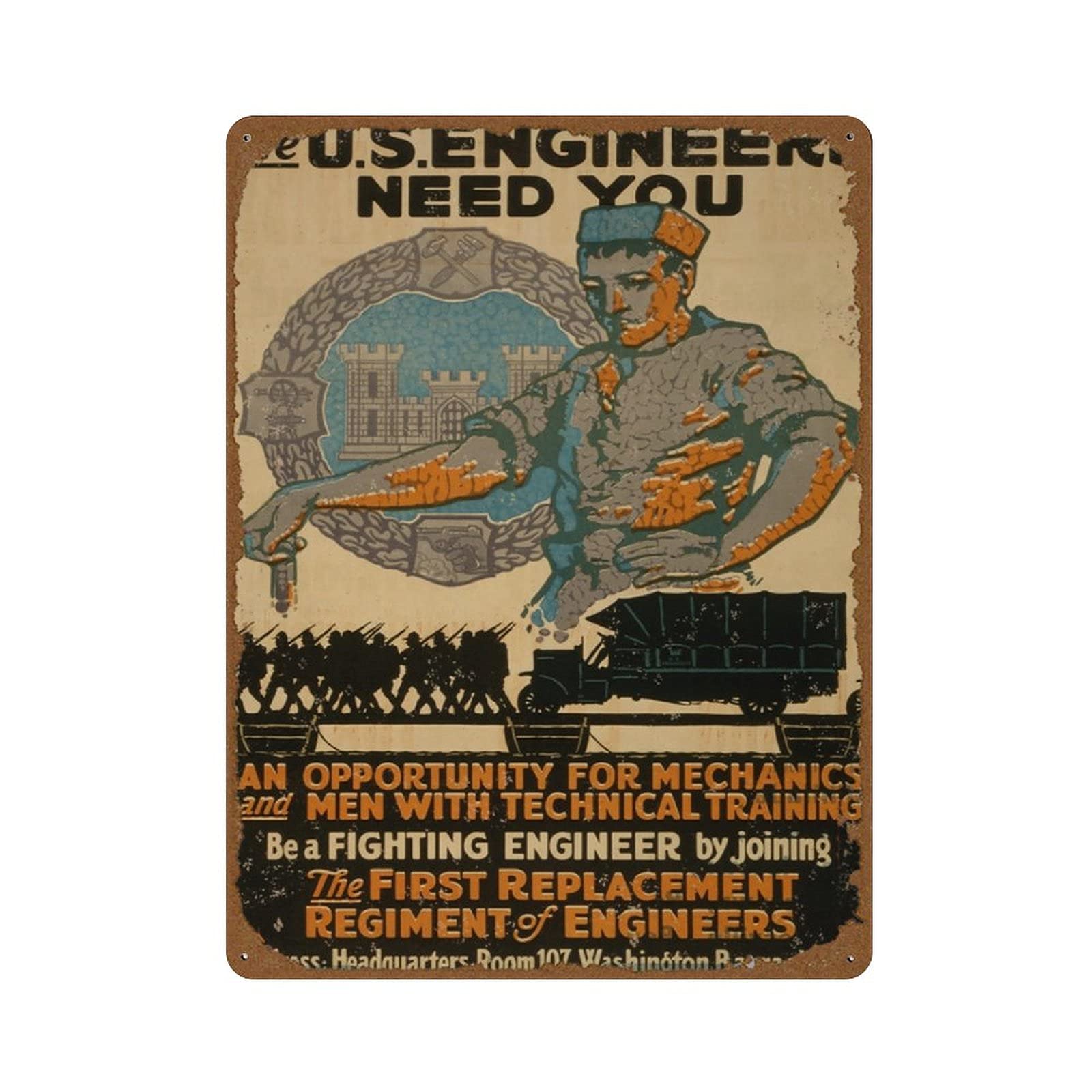 U.S WWI Propaganda 'The U.S Engineers Need You' Vintage Classic U.S WW1 Propaganda Poster Novelty 12x16 Tin Sign Metal Poster Wall Funny Man Cave Cool Wall Door Plaque New Warning Sign Metal Tin