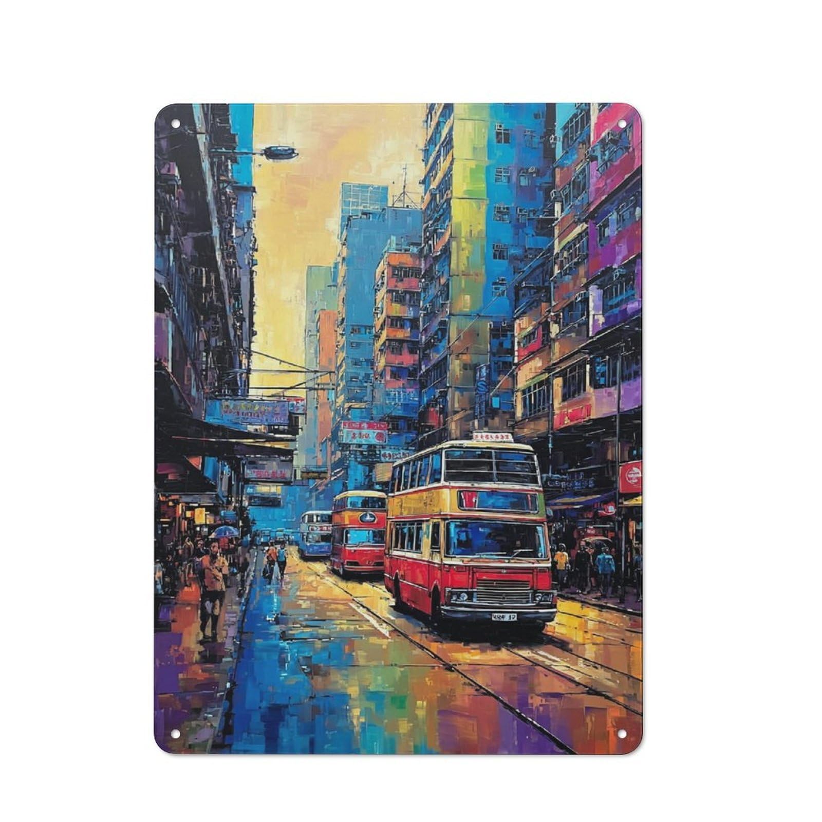 Junmoney Vibrant Cityscape With Double-Decker Buses Tin Wall Plaque 40X30cm With For Garage Wall, For Collectors Of Retro Metal Wall Decor