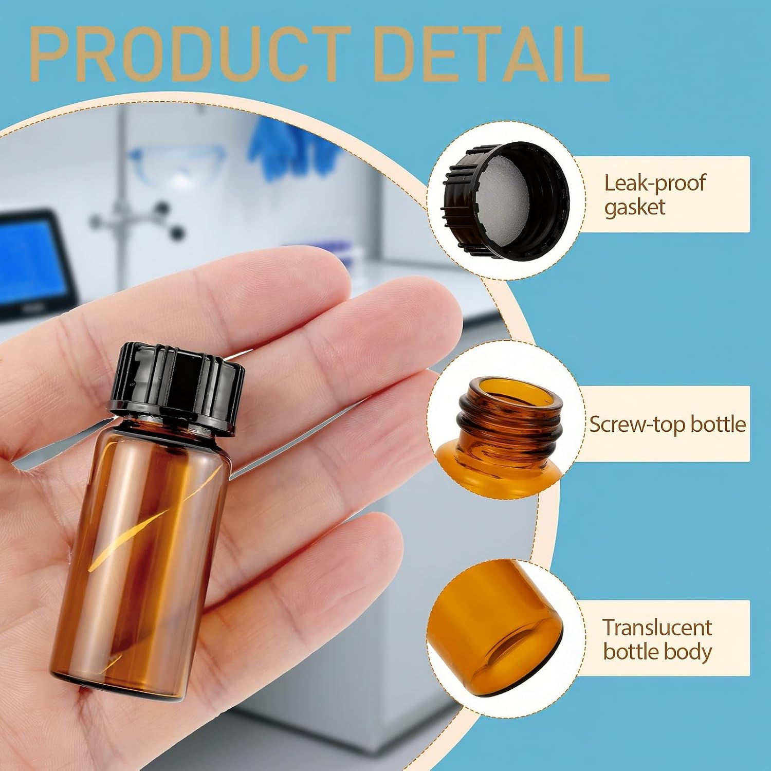 50 Pack 10ml Empty Amber Small Glass Vials with Screw Caps | 1/3oz Brown Small Bottles for Essential Oils, Perfume & DIY, Leak-proof Gasket, Lab Liquid Sampling Container