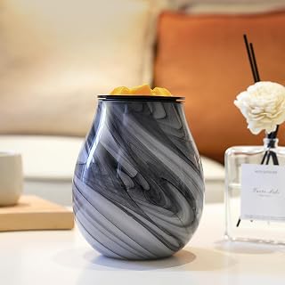 Grey Marble Swirl Electric Wax Melt Burner Art Glass Scented Candle Warmer with Timer and 7 led Color Changing Removable Silicone Dish for Wax Melts Fragrance Oil Night Light Candle Warmer