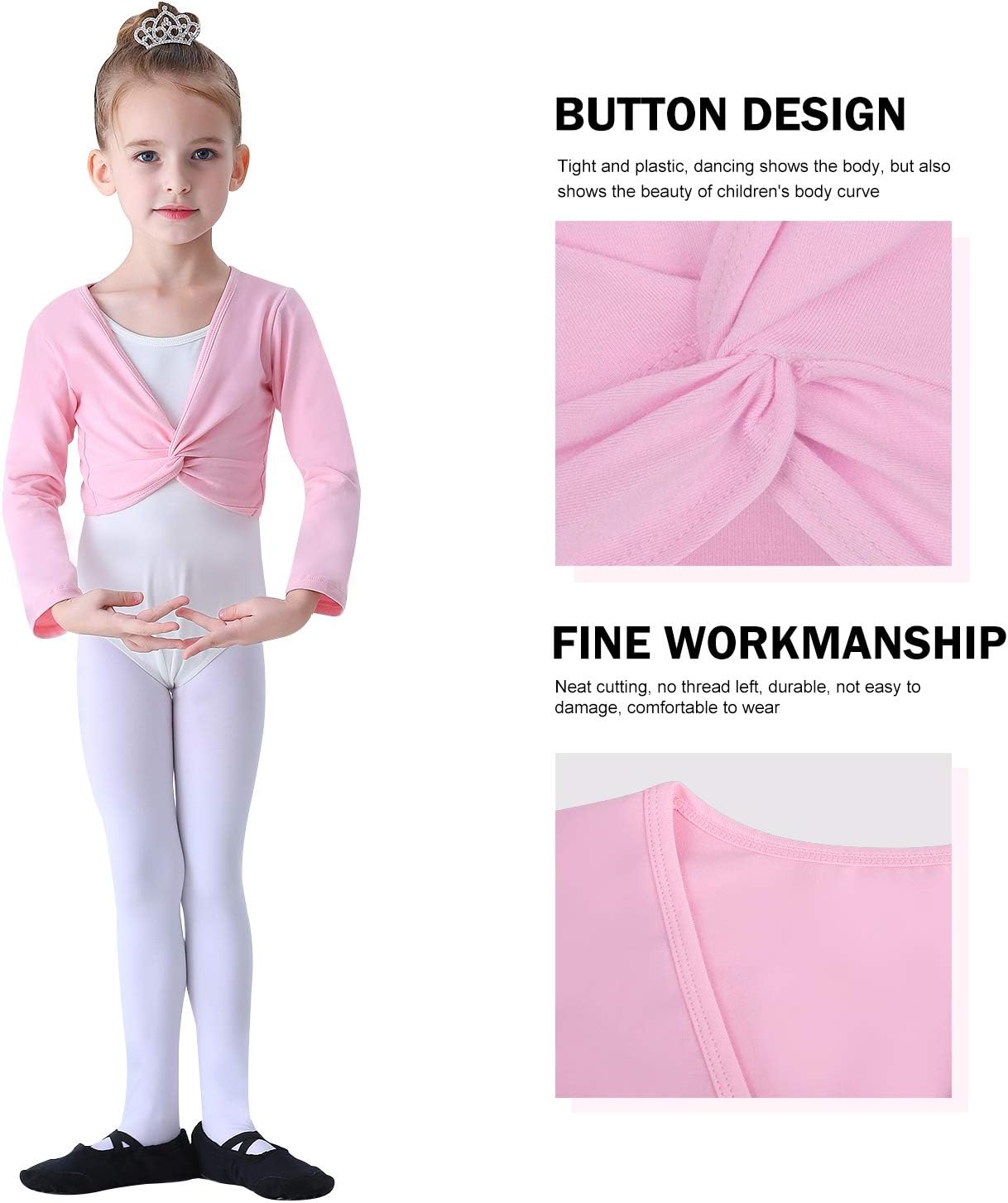 Soudittur Ballet Wrap Top Cotton Long Sleeve Dance Cardigan Shrug for Girls Black Pink White 3-13 Years - Image 3