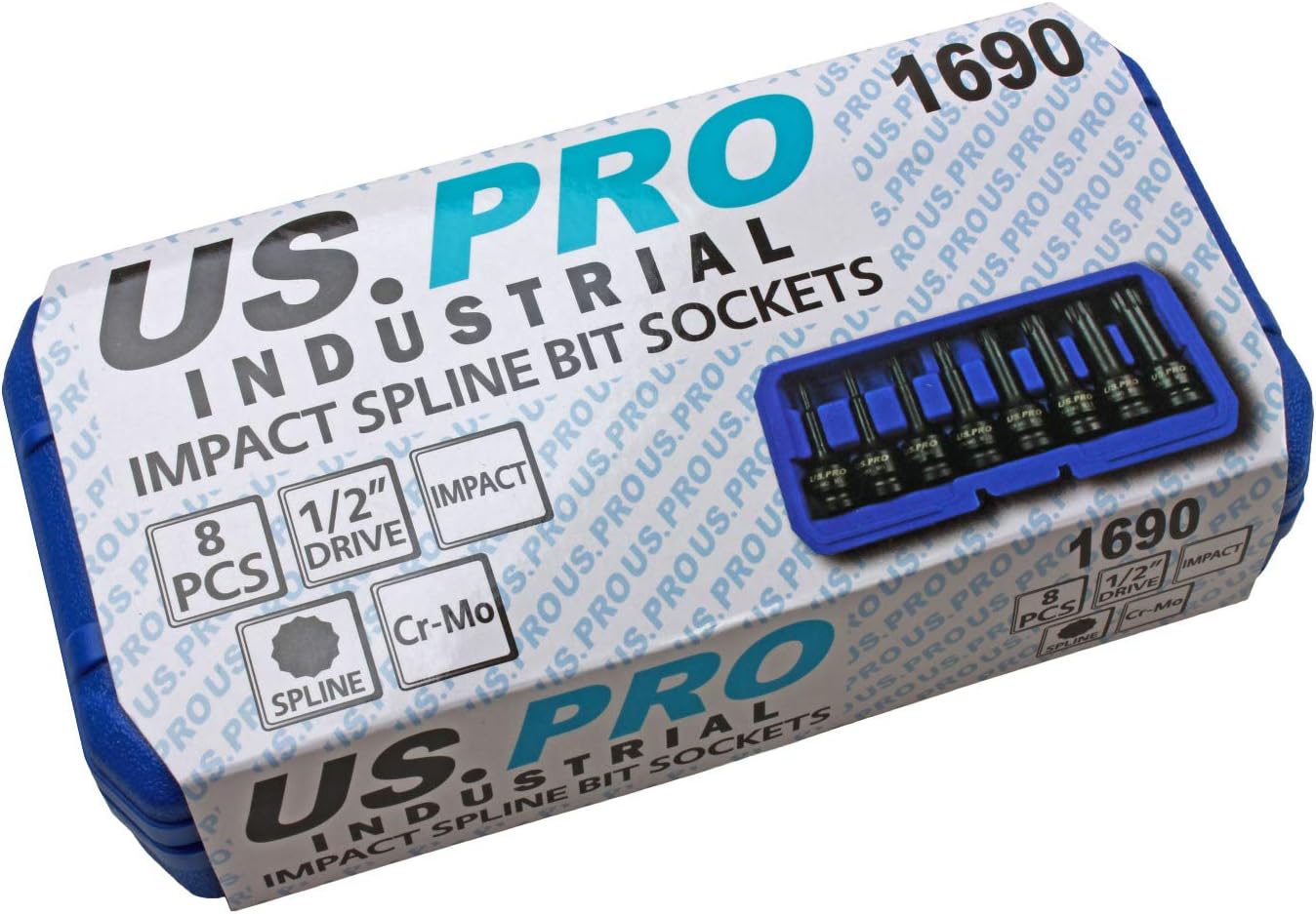 Us Pro by Bergen 8pc 1/2" Impact Spline Socket Bit Set M5-M18 Bits Cr-Mo 80mm Length B1401