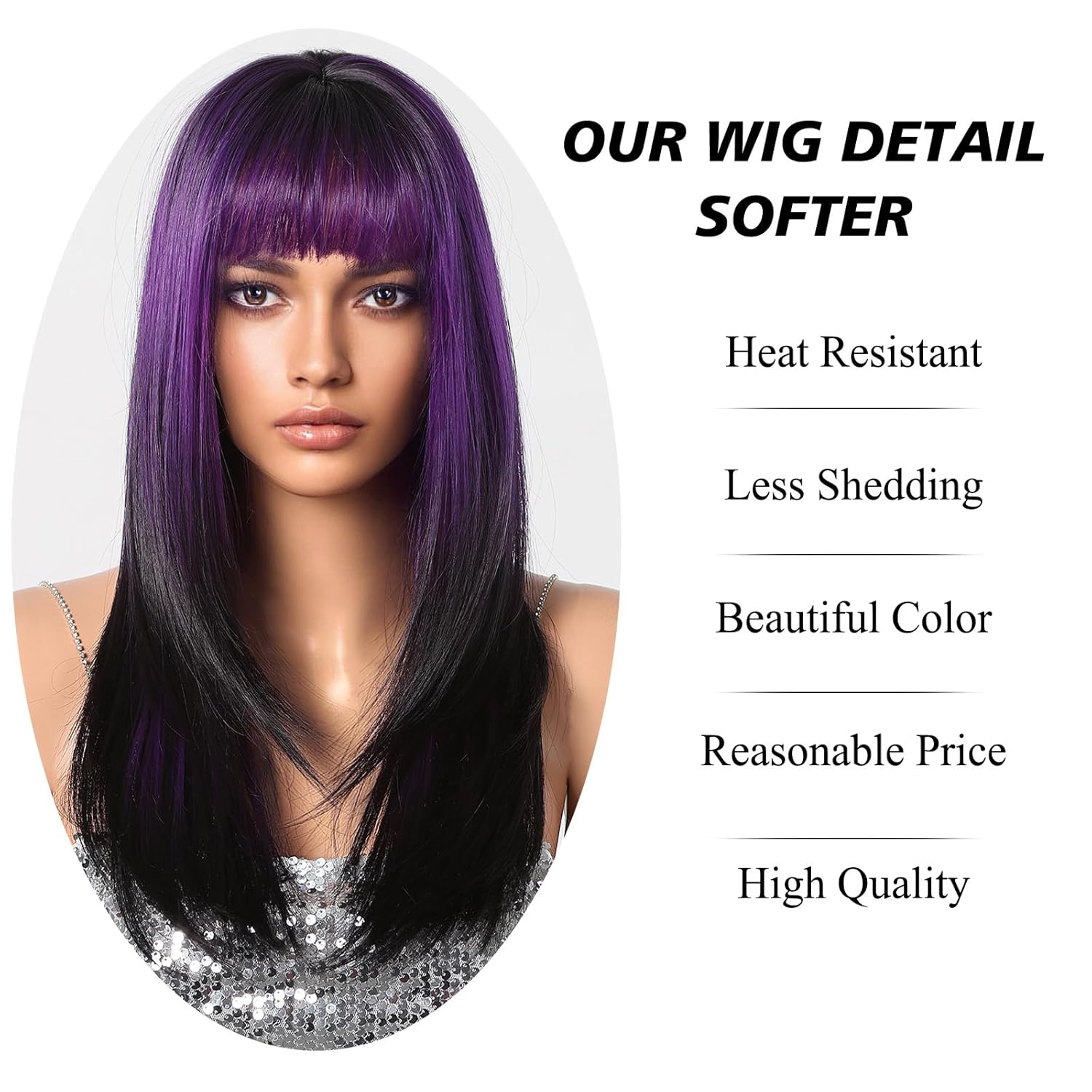 testar Purple Wigs for Women Long Straight Black Purple Wig With Bangs Heat Resistant Synthetic Fiber Layered Party/Halloween Use 24IN - Image 3
