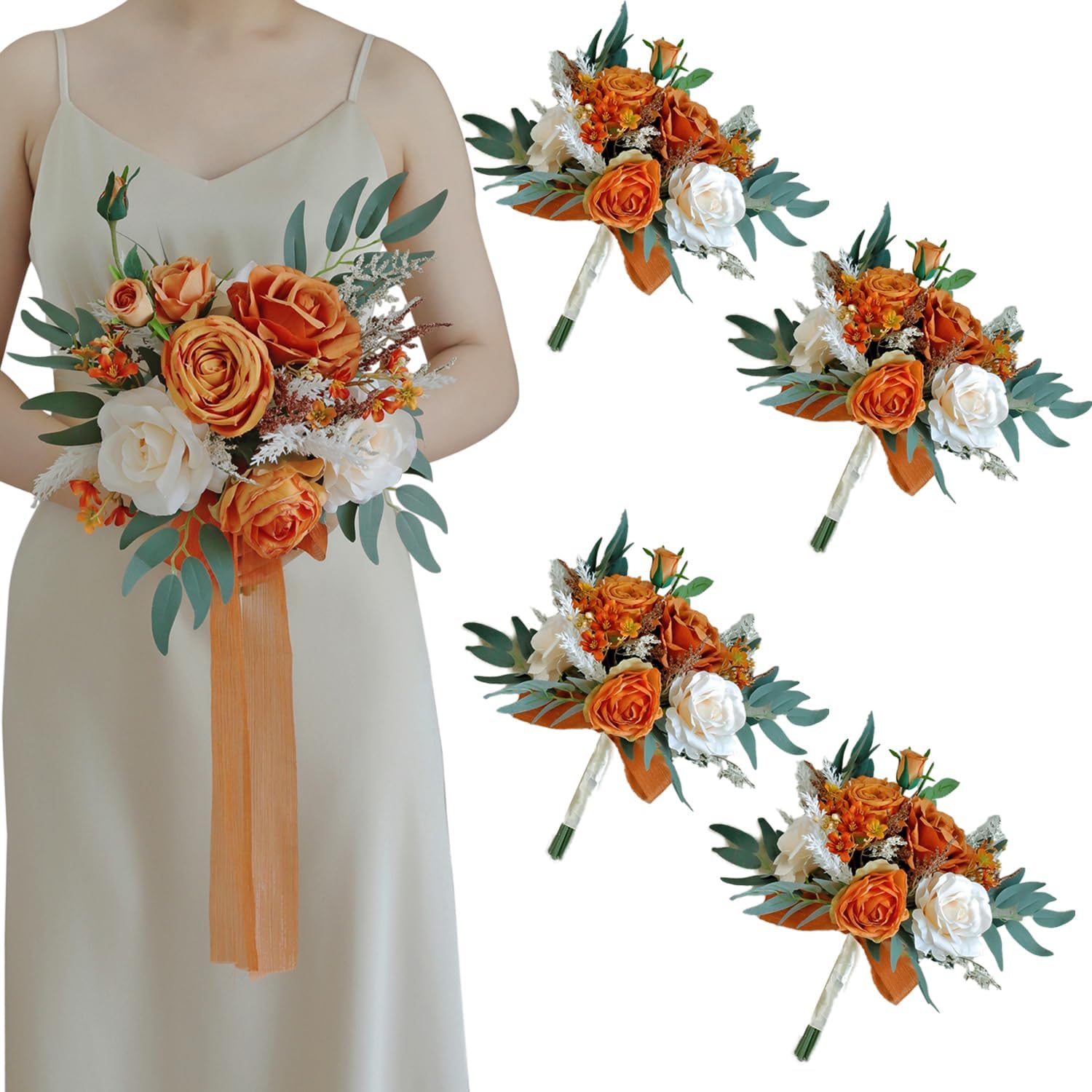 4PCS Terracotta Wedding Bouquets for Bride Bridesmaid, Burnt Orange Bridal Bouquet 8.7Inch Artificial Roses Flowers Wedding Decoration