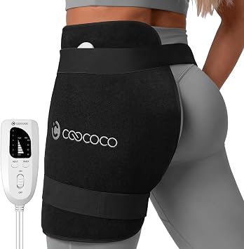 CooCoCo FSA Eligible HSA Hip Heating Pad for Hip and Sciatica Pain Relief | Heated hip brace, 6 heat levels, 4 timers, adjustable wearable fit, soft plush lining for hip, thigh, buttock and lower back