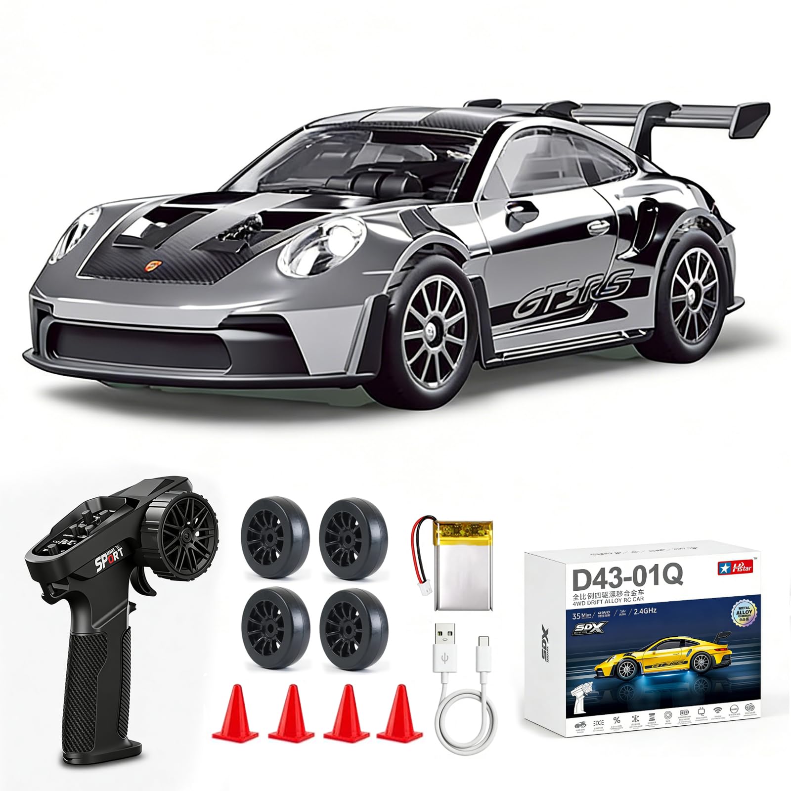 ARRIS 1/43 Scale RC Drift Car, Mini 911 RC Model Car 2.4GHz 4WD RC Alloy Vehicles with Gyro for LED Lights for Adults Hobby Toys (Silver)