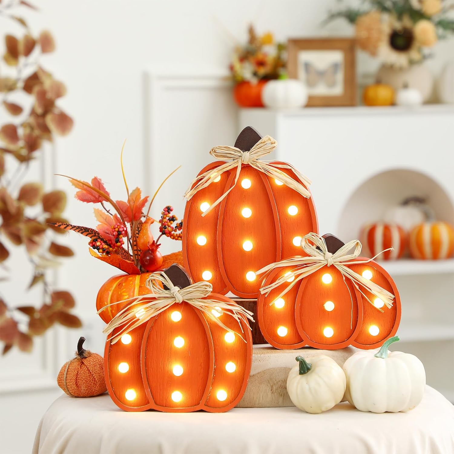 3 Pcs Light up Fall Pumpkin Decor Thanksgiving Farmhouse Pumpkins Sign Rustic Tiered Tray Decorations Table Centerpieces Standing Wooden Block Sign for Home Kitchen Halloween