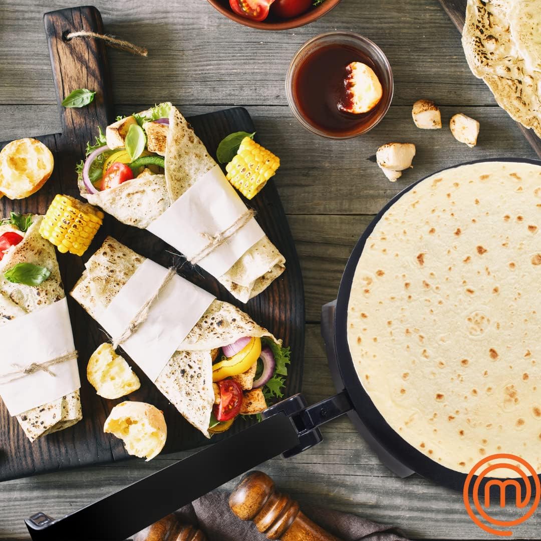 MasterChef Electric Tortilla Maker- Homemade Flatbread, Pitas, Bread, Tortillas- Heavy Duty, Non-stick Cooker is Easier than Tortilla Press, Adjustable Temperature Control and Uniform Baking, Gift