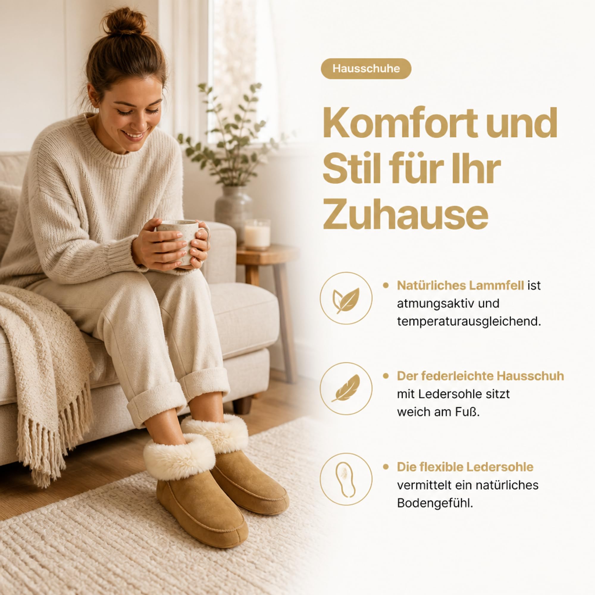 Hausschuh aus Lammfell Ledersohle Hüttenschuh Hüttenpatschen Damen Herren Unisex Winter-Sommer Hausschuhe Naturprodukt atmungsaktiv