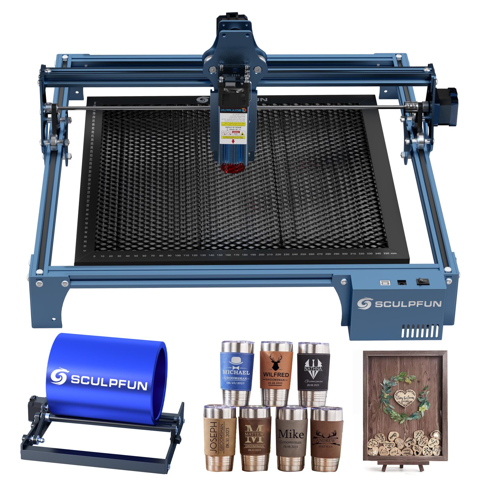 Sculpfun Dark/Light S9 La-Ser Engraving Machine With Rotary Roller, Honeycomb Working Table, 5W High Precision Engraver Cutter, 0.06Mm Ultra-Thin Beam Diode, Engraving Area 410X420 Mm