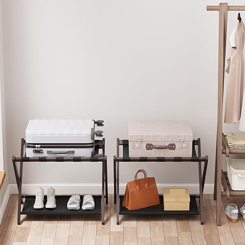 Miniatura 8 de Smuxee Paquete de 2 portaequipajes de bambú marrón, soporte plegable para maleta con estante de almacenamiento, soporte de equipaje fácil de montar