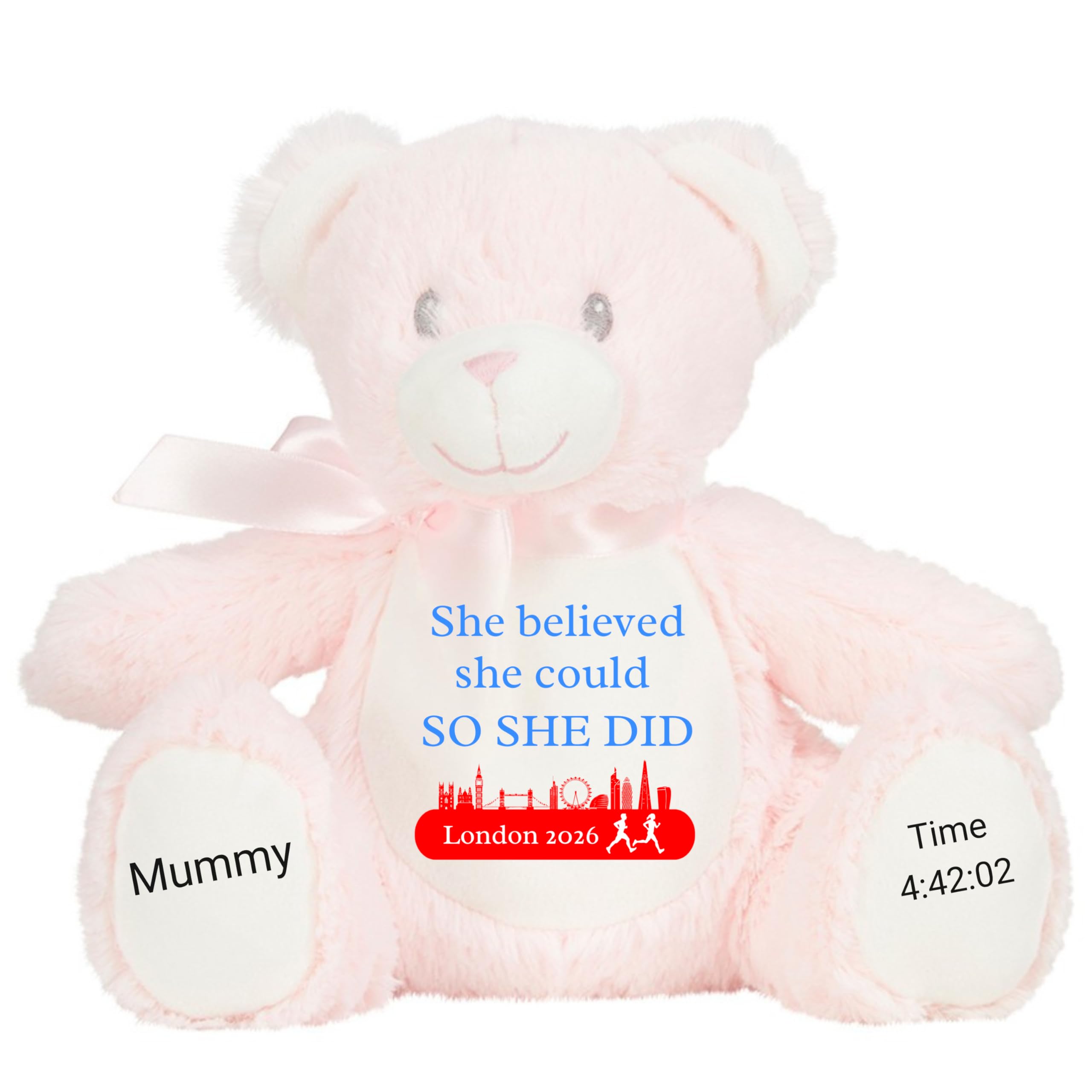 Marathon Gift Cuddly Toy - Personalised London 2026 Teddy She Believed She Could So She Did Customised Runner Running Finish Medal Congratulations Well Done Run Soft Cuddly Plushie - Pink Teddy