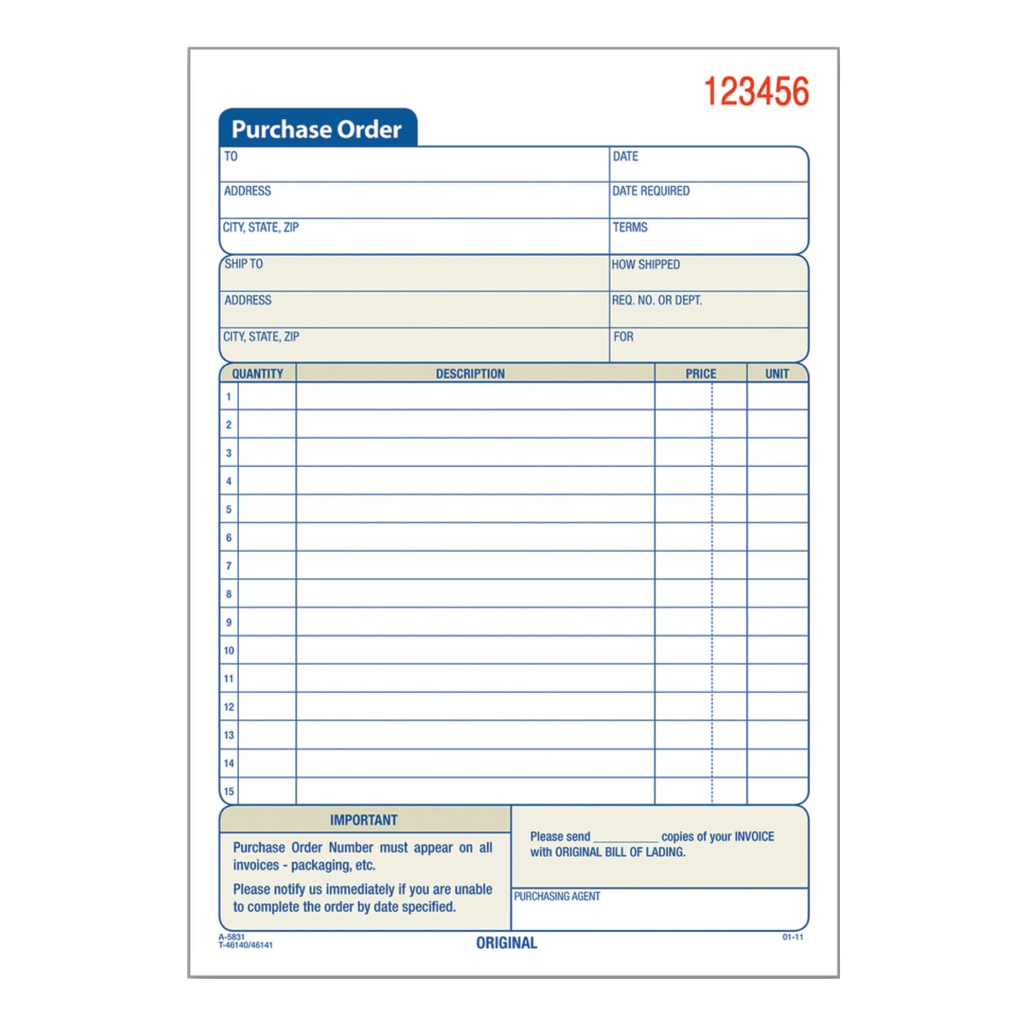 Purchase Order Form, 3-Part, 5-9/16"x8-7/16, Sold as 1 Each