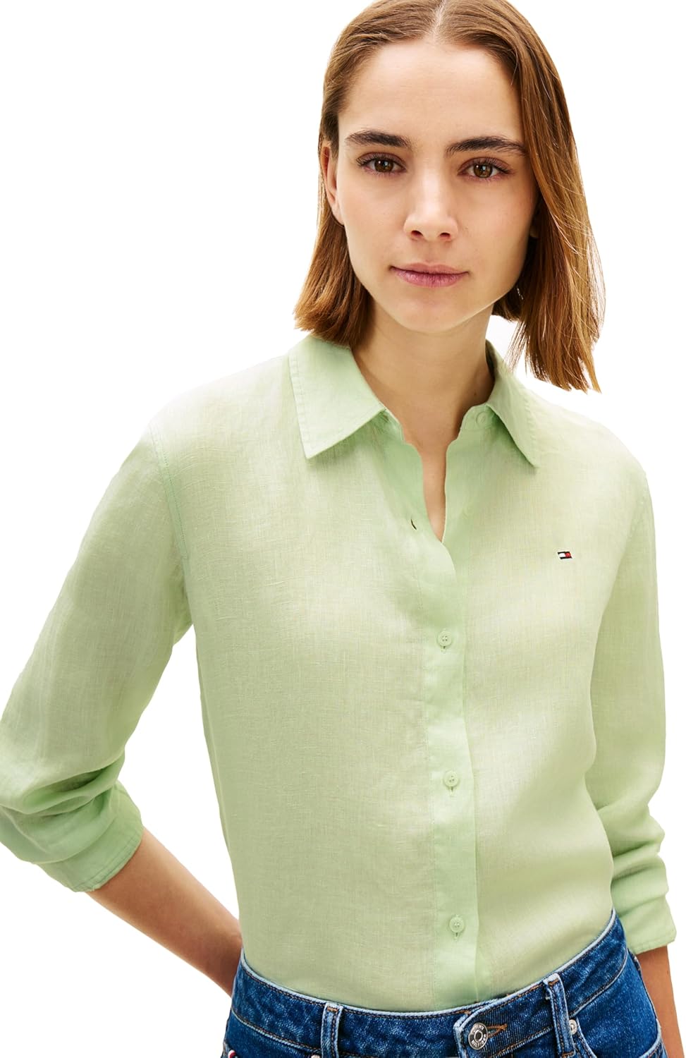 Tommy Hilfiger Women's Lightweight Linen Long Sleeve Button Down Shirt in Relaxed Fit Linen Blouse